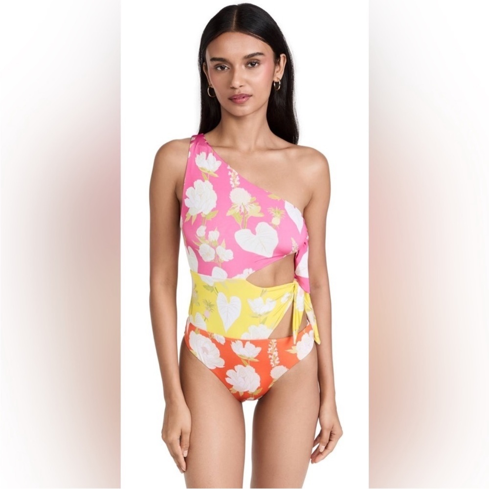 NWTA FARM Rio One-Shoulder Floral One-Piece Swimsuit in Pink, Yellow & Orange
